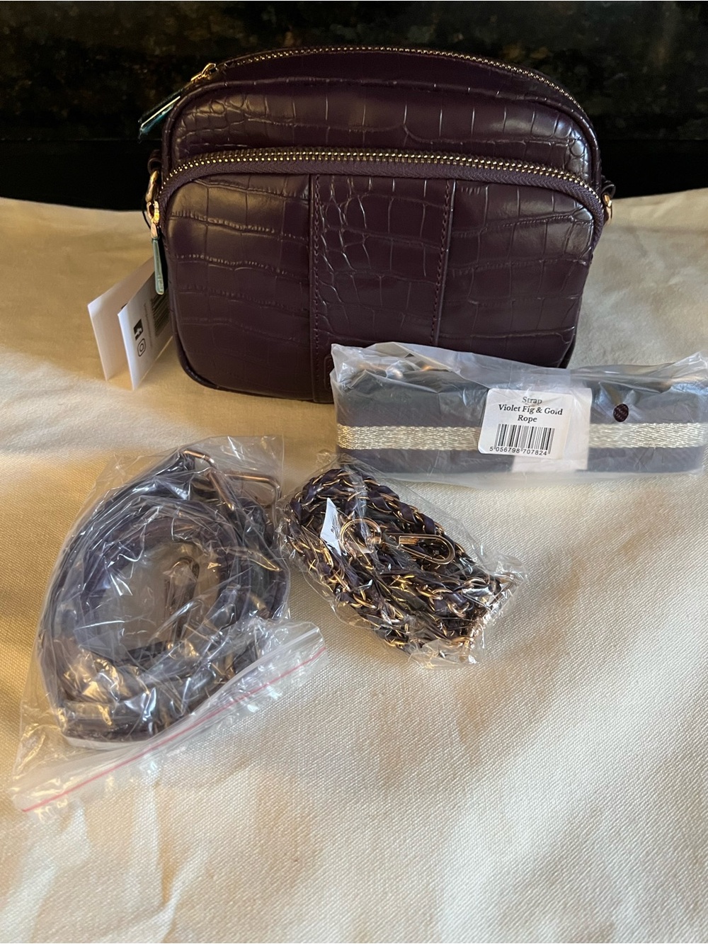 NWT Pom Pom London Violet Fig Croc-Embossed Original Crossbody Bag